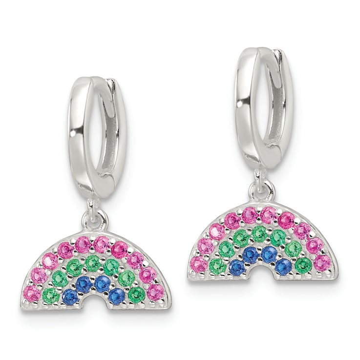 Sterling Silver E-Coating Multicolor CZ Dangle Rainbow Hoop Earrings