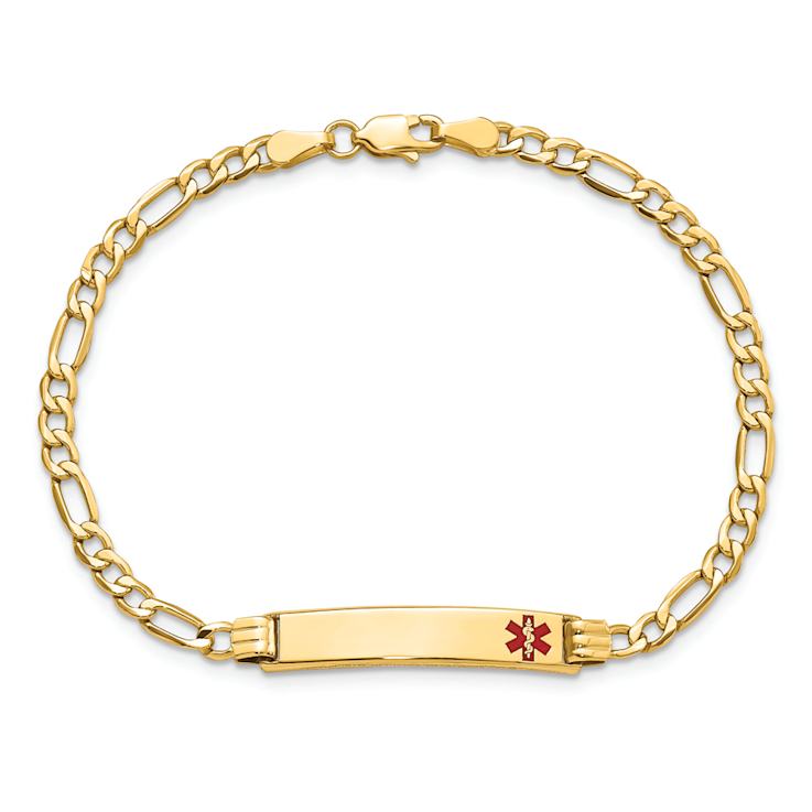 10k Yellow Gold Polished Medical Red Enamel Figaro Link ID Bracelet