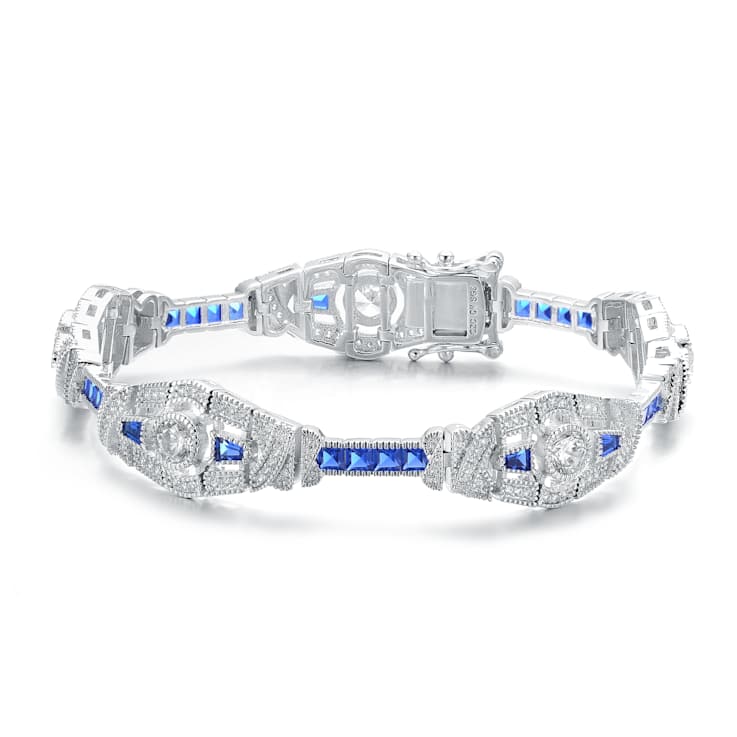 Sapphire Color CZ Oval Link Station Bracelet In Sterling Silver