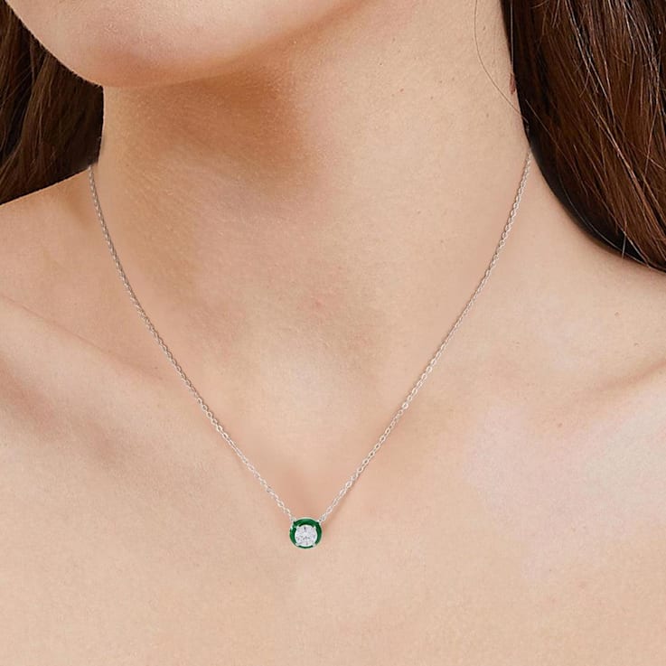Moissanite Solitaire Rhodium Over Sterling Silver Necklace With Green Enamel