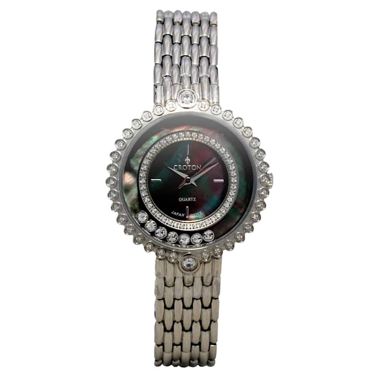 Croton Ilaria Silver Tone Floating Crystal Watch with Black Mother Of
Pearl Dial