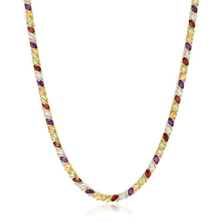Multi-Color Multi-Gemstone 18k Yellow Gold Over Sterling Silver Tennis Necklace