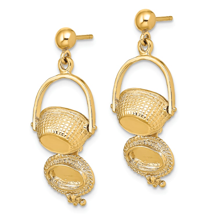 14K Yellow Gold 3D Textured Moveable Nantucket Basket Dangle Earrings