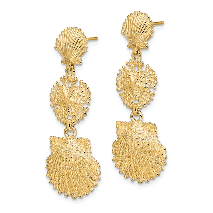 14k Yellow Gold Textured Scallop, Sand Dollar and Scallop Dangle Earrings