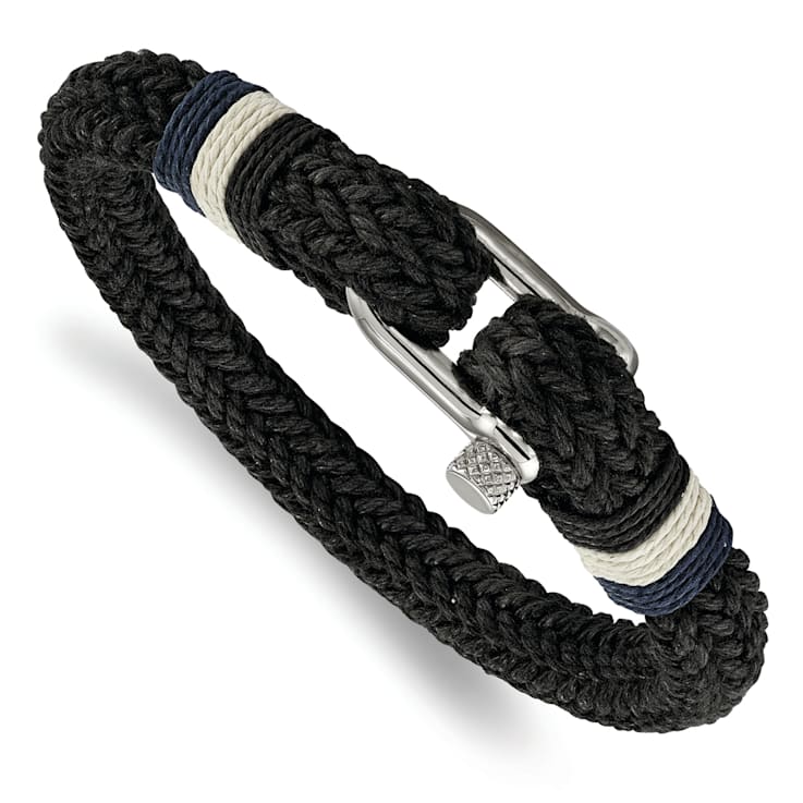 Woven Black Cotton and Stainless Steel Polished 8.5-inch Bracelet
