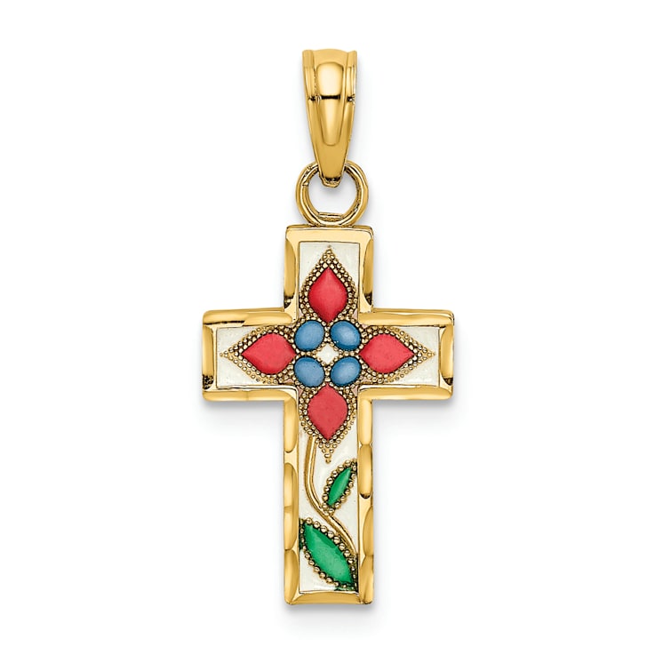 14k Yellow Gold Enameled with Flower Cross Charm