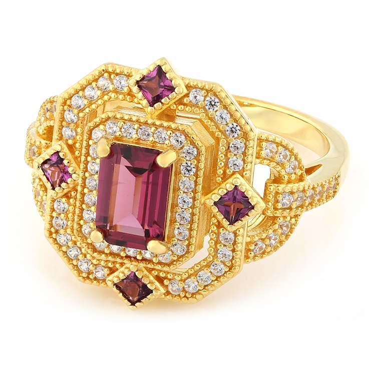 Grape Color Garnet, Purple Rhodolite And White Zircon Ring In 18K Gold
Over Sterling Silver 2.06ctw