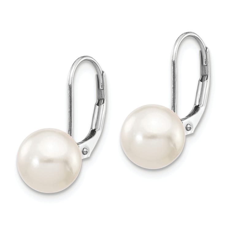 Rhodium Over 14K White Gold 8-9mm Round White Saltwater Akoya Pearl
Leverback Earrings
