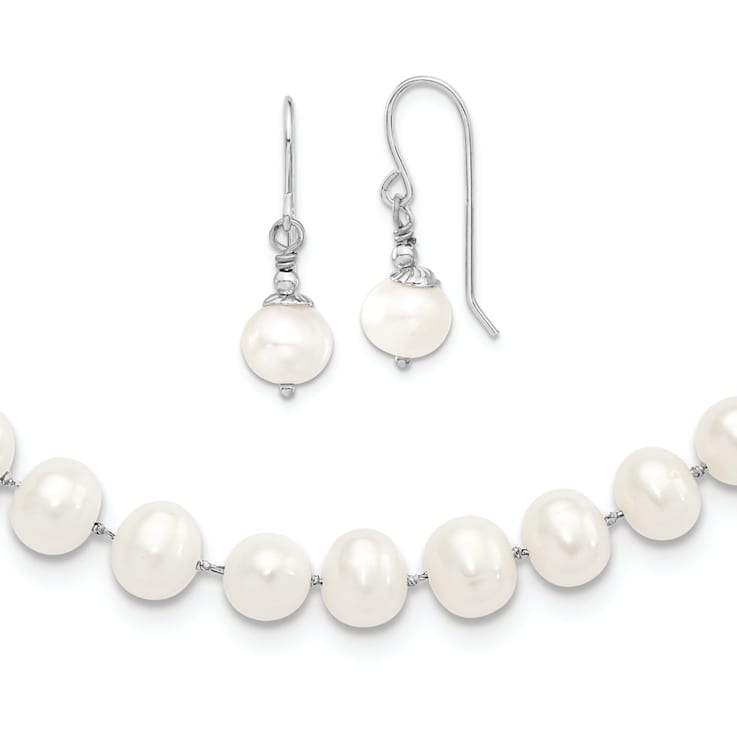 Rhodium Over Sterling Silver 7-8mm White Freshwater Cultured Pearl
Earring/Necklace Set