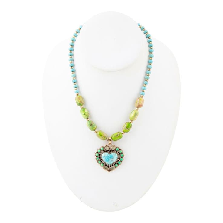 Barse Jewelry Legacy Lime Green and Blue Composite Turquoise Gold Tone
Heart Necklace