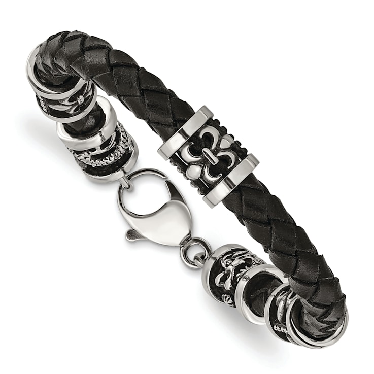 Stainless Steel Antiqued and Polished Fleur De Lis/Dragon Leather Bracelet