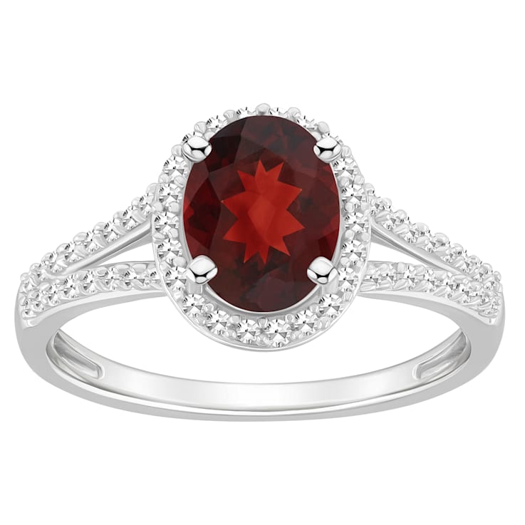 8x6mm Oval Garnet 1/4 ctw Diamond Rhodium Over Sterling Silver Halo Ring