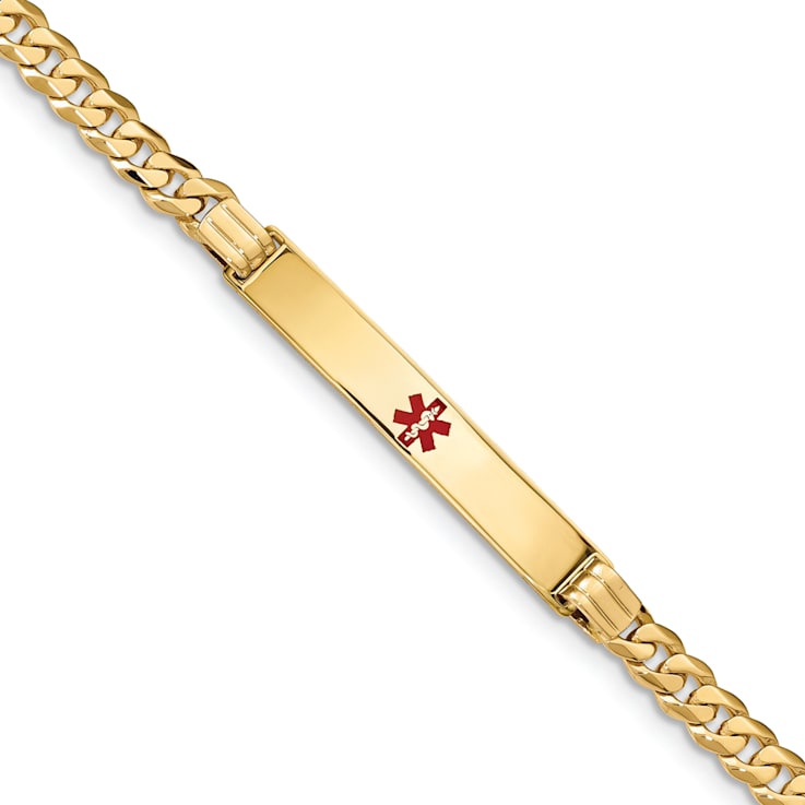 14k Yellow Gold Medical Red Enamel Curb Link ID Bracelet