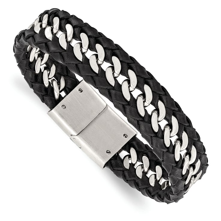 Black Leather and Stainless Steel Brushed 8.5-inch Bracelet