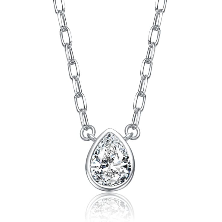 Pear Shape CZ Solitaire Pendant In White Rhodium Over Brass