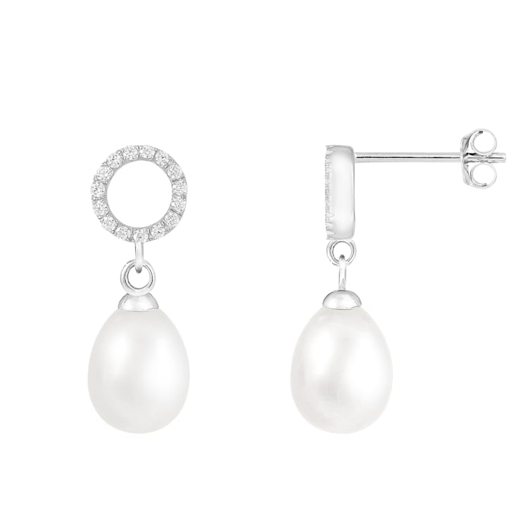 7.5-8mm White Cultured Freshwater Pearl Rhodium Over Sterling Silver Earrings