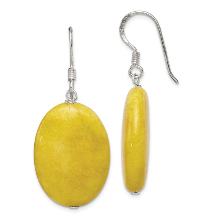 Sterling Silver Polished Yellow Jadeite Oval Dangle Earrings