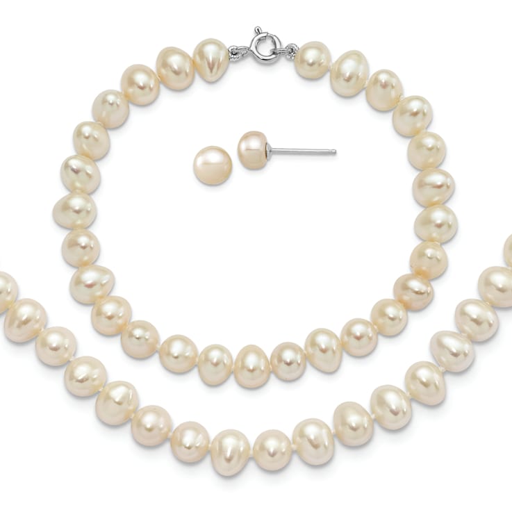 Rhodium Over Sterling Silver Multi-color Freshwater Pearl
Necklace/Bracelet/Earring Set