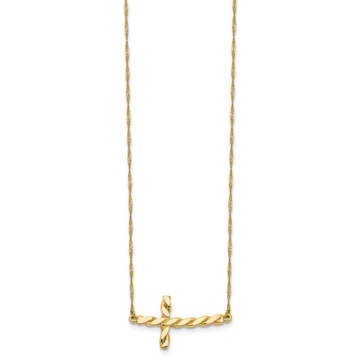 14K Yellow Gold Polished Twisted Sideways Cross 17-inch Necklace