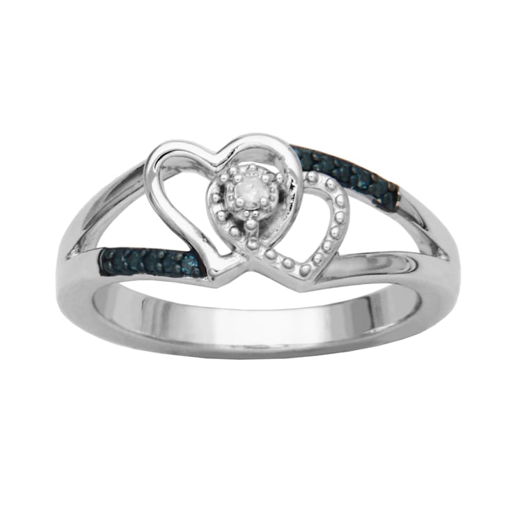 Blue And White Diamond Rhodium Over Sterling Silver Double Heart Ring