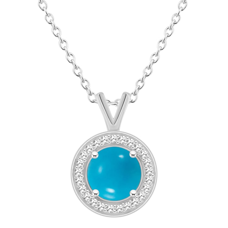 7mm Round Turquoise 1/8 ctw Diamond Rhodium Over Sterling Silver Halo
Pendant with Chain