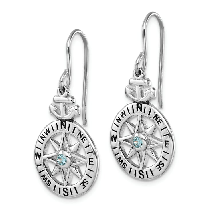 Rhodium Over Sterling Silver Polished Cubic Zirconia Compass Dangle Earrings