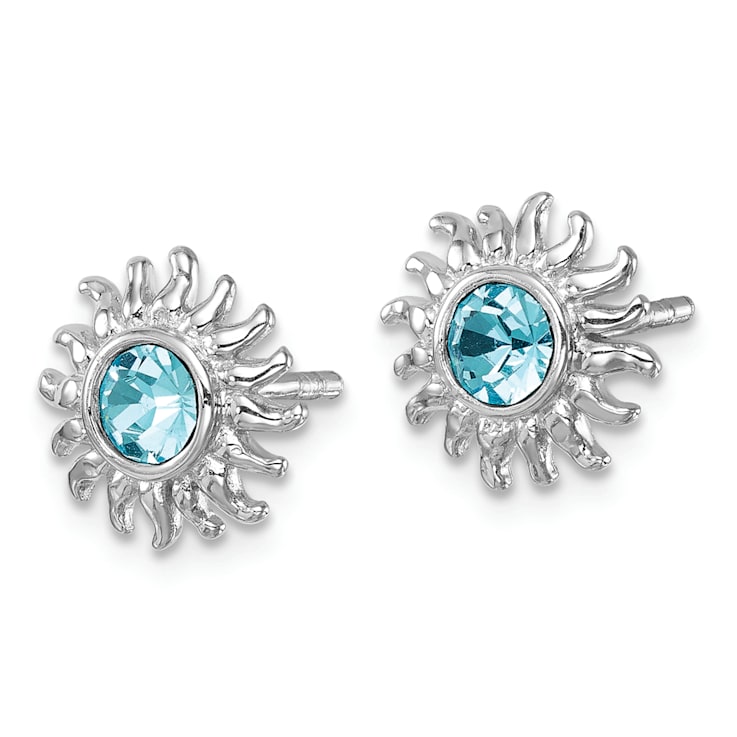 Rhodium Over Sterling Silver Polished Blue Crystal Sun Post Earrings
