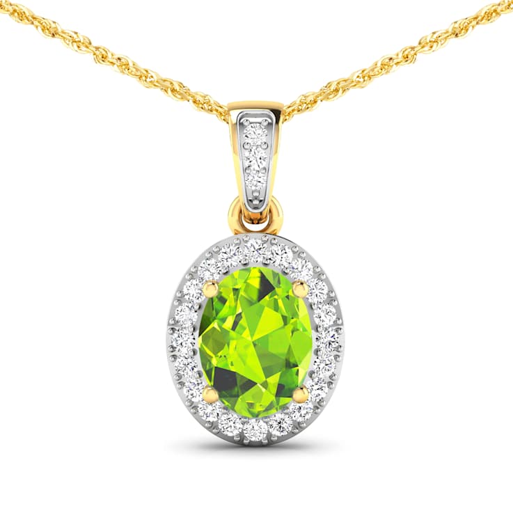 1.05ctw 14K Yellow Gold Oval Peridot and White Diamond Pendant with 18
inch Cable Chain