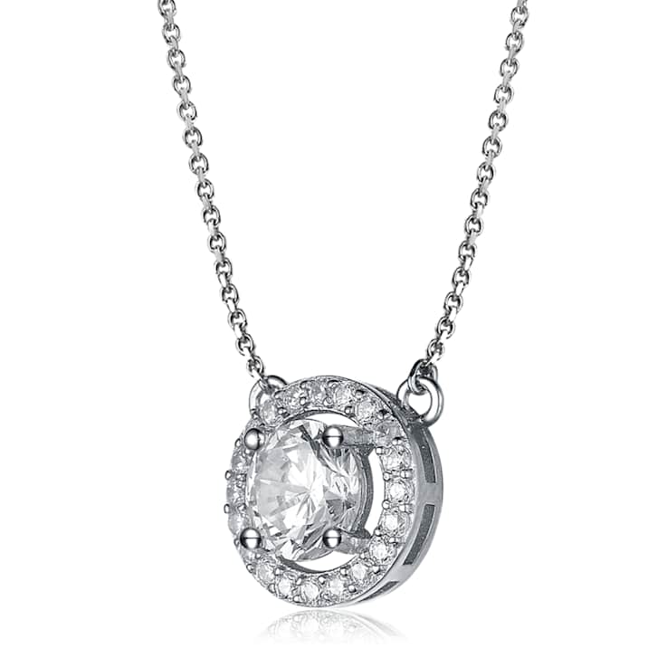 CZ Halo Pendant Necklace In Sterling Silver 16 Inch