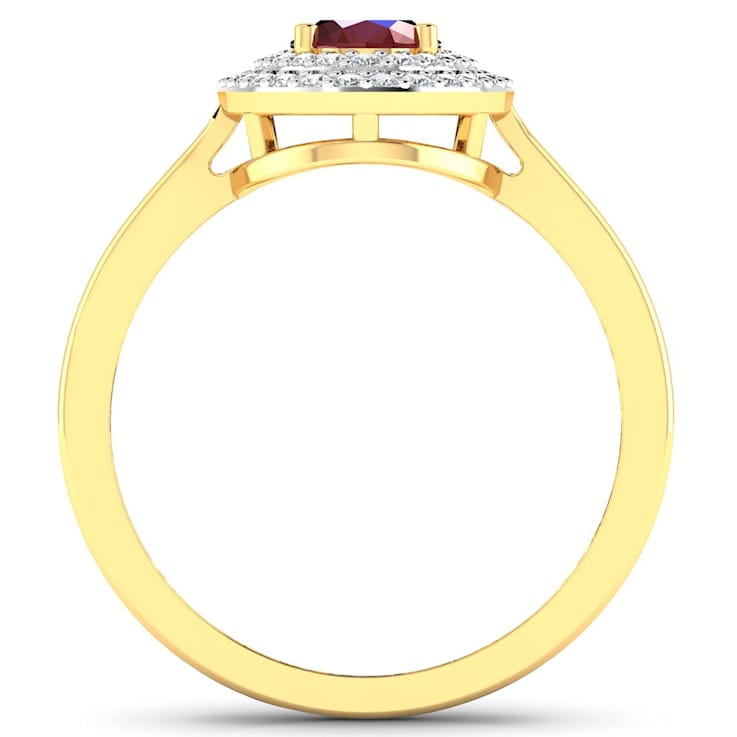 1.11ctw Red Ruby and Diamond 14K Yellow Gold Halo Ring
