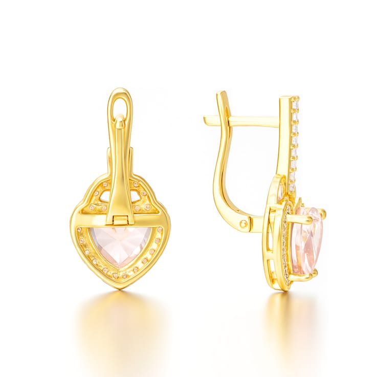 Pink Rose Quartz 14K Yellow Gold Over Sterling Silver Heart Drop Earrings