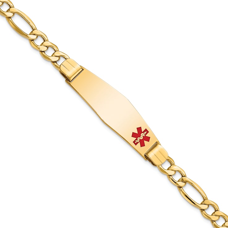14k Yellow Gold Medical Soft Diamond Shape Red Enamel Figaro Link ID Bracelet