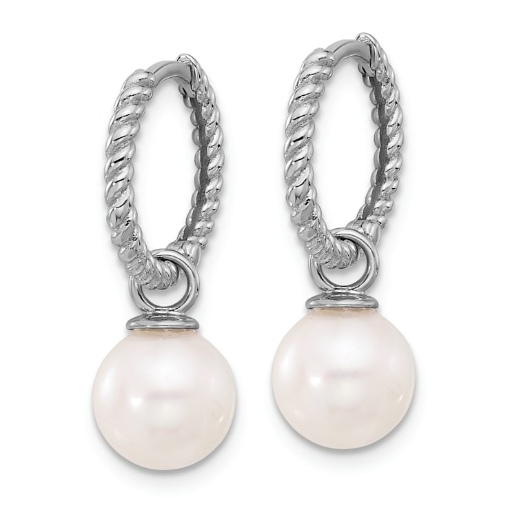 Rhodium Over 14K White Gold 7-8mm Black and White Freshwater Cultured
Pearl Dangle Hoop Earrings