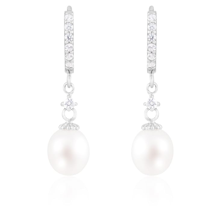 7-8mm White Cultured Freshwater Pearl and Cubic Zirconia Rhodium Over
Sterling Silver Earrings