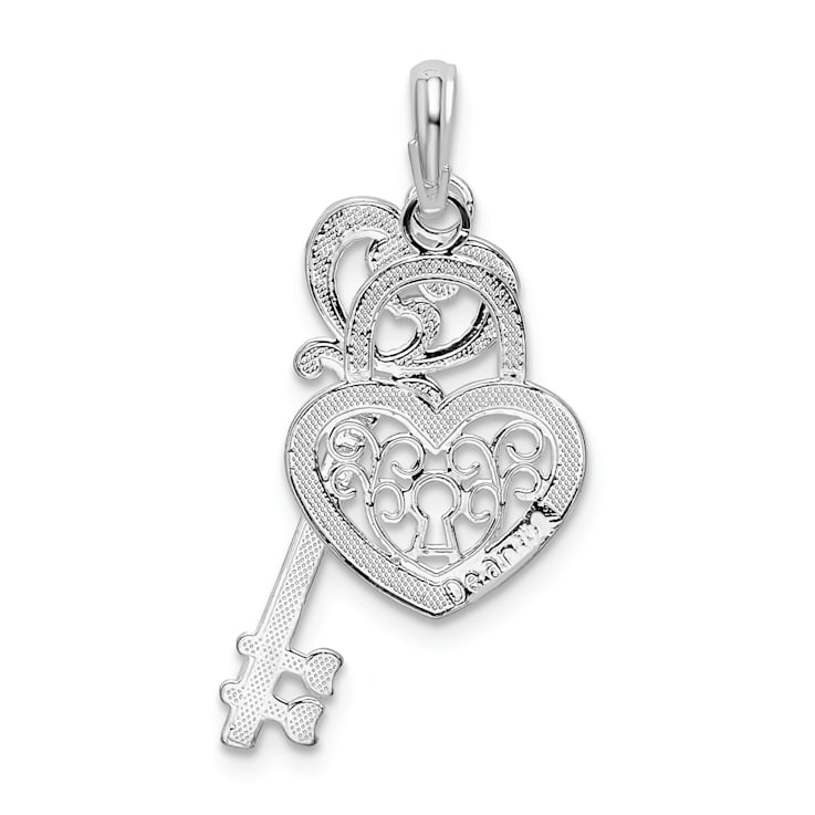 Rhodium Over Sterling Silver Polished Moveable Key with Heart Lock Pendant