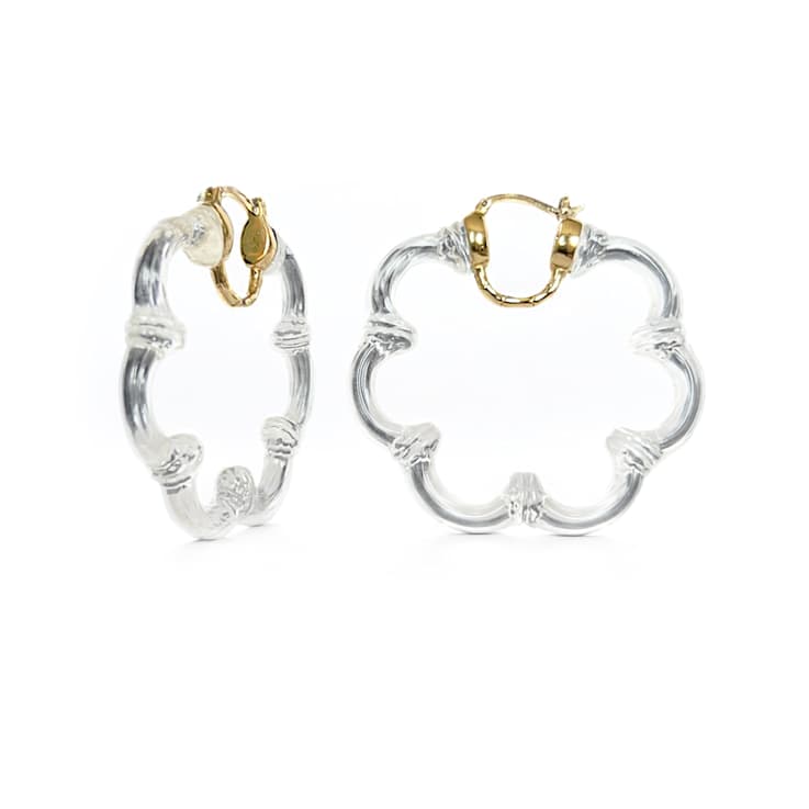 14K Yellow Gold Over Sterling Silver Flower Bamboo Acrylic Hoop Earrings