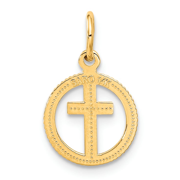 14k Yellow Gold Diamond-Cut and Satin Eternal Life Cross in Circle Pendant