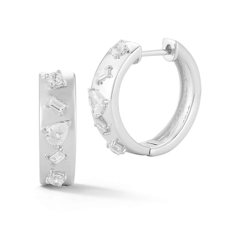 Rachel Zoe Mixed Shape CZ Hoop Earrings in Rhodium Over Sterling Silver