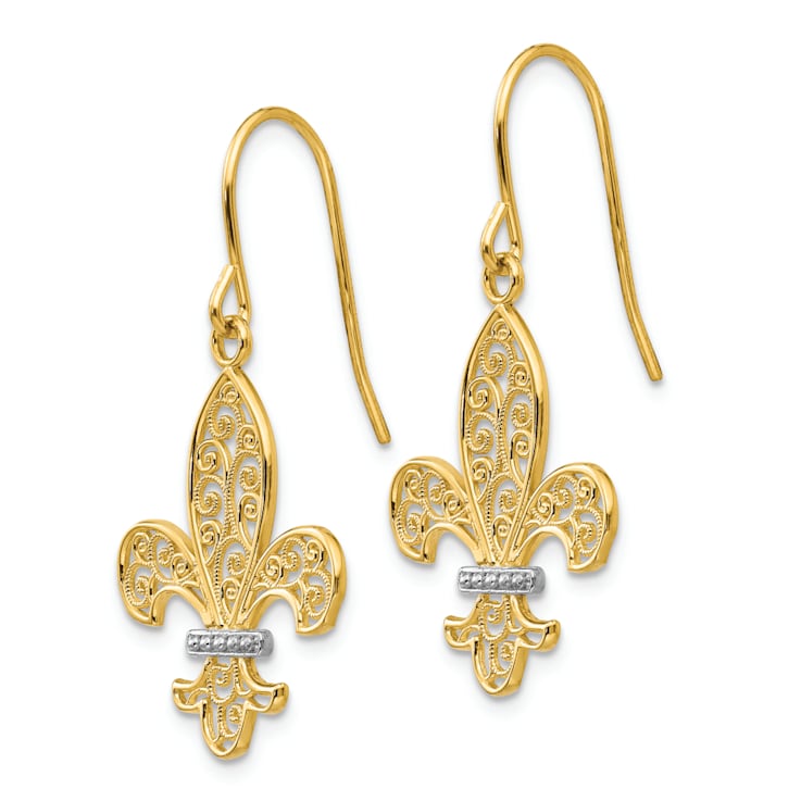 14k Yellow Gold and Rhodium Over 14k Yellow Gold Fleur-de-lis Dangle Earrings