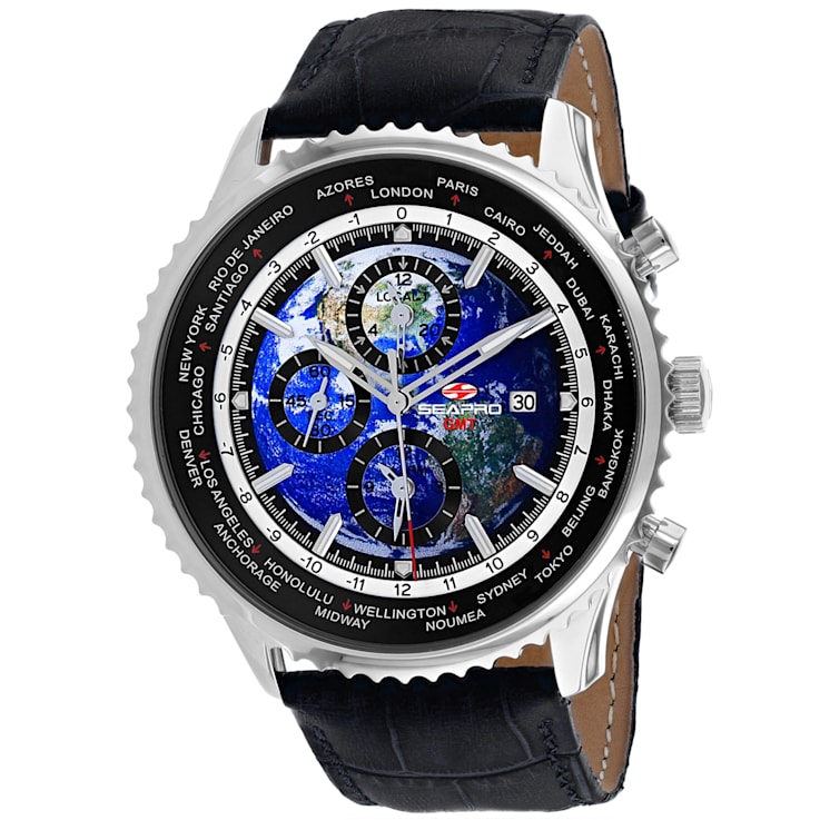 Seapro Men's Meridian World Timer GMT Blue Dial, Black Bezel, Black
Leather Strap Watch