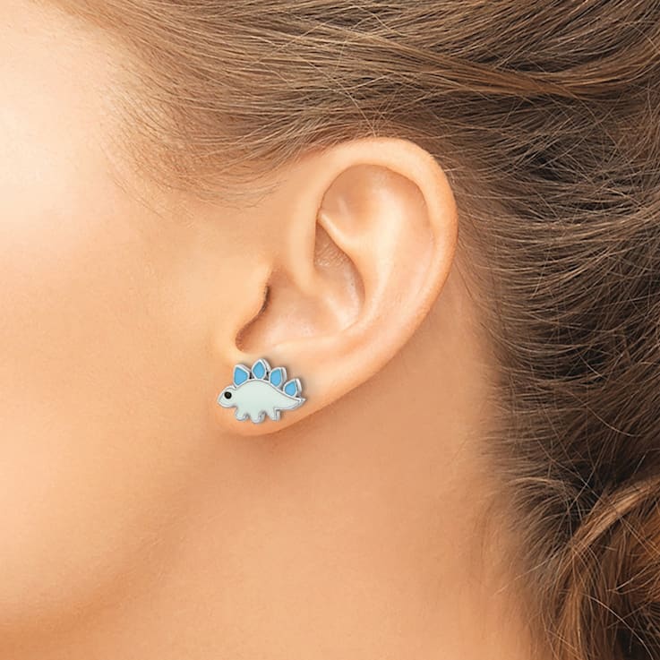 Rhodium Over Sterling Silver Enameled Dinosaur Children's Post Earrings