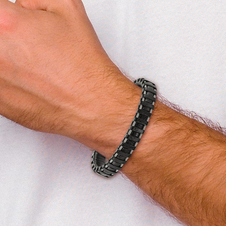 Black Leather and Stainless Steel Brushed Cable 8.5-inch Bracelet