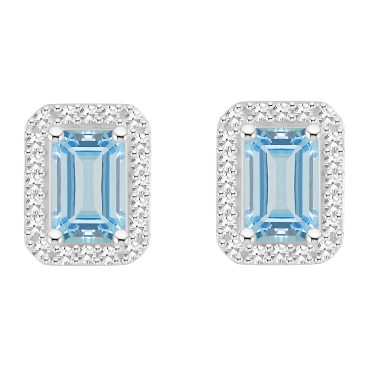 6x4mm Emerald Cut Aquamarine 1/5 ctw Diamond Rhodium Over Sterling
Silver Halo Stud Earrings
