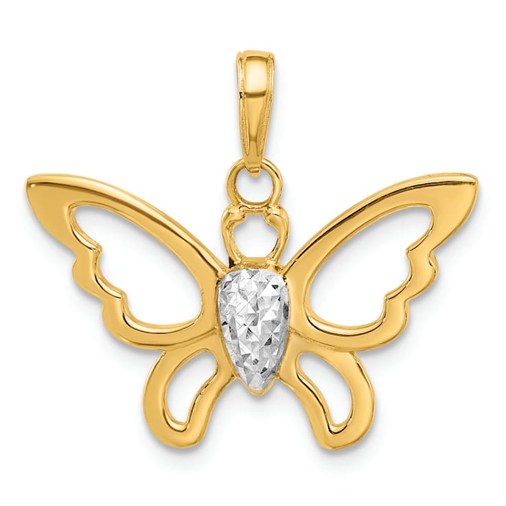 14k Two-tone Gold Polished and Diamond-cut Butterfly Pendant