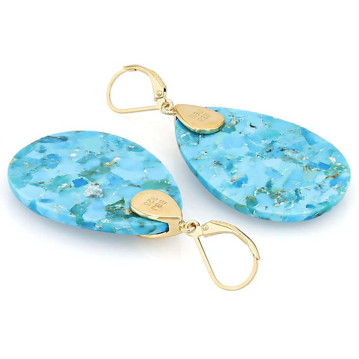Turquoise Large Pear Dangle Earrings In 18K Gold Over Sterling Silver 35x25mm