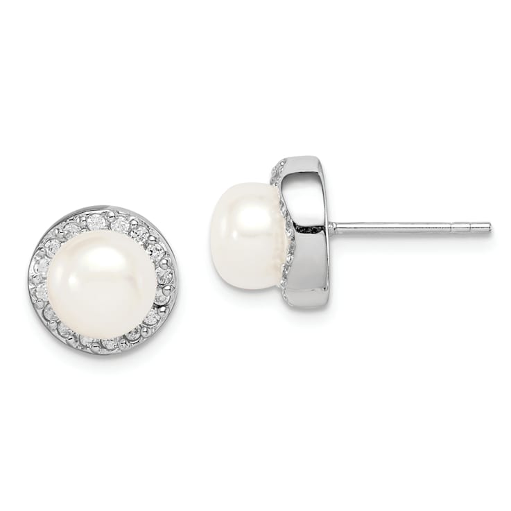 Rhodium Over Sterling Silver 7-8mm White Button Freshwater Cultured
Pearl Cubic Zirconia Earrings