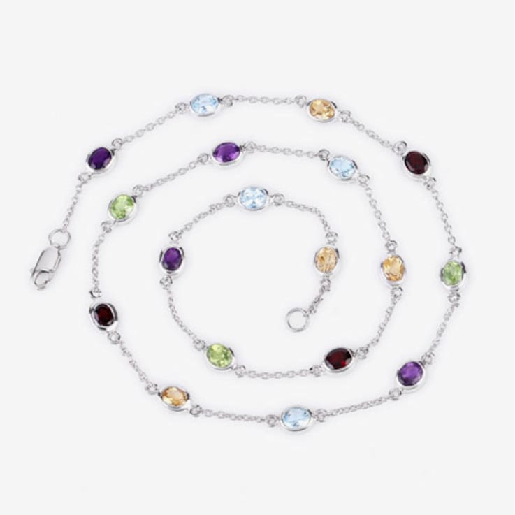Multi Gemstone Rhodium Over Sterling Silver Station Necklace