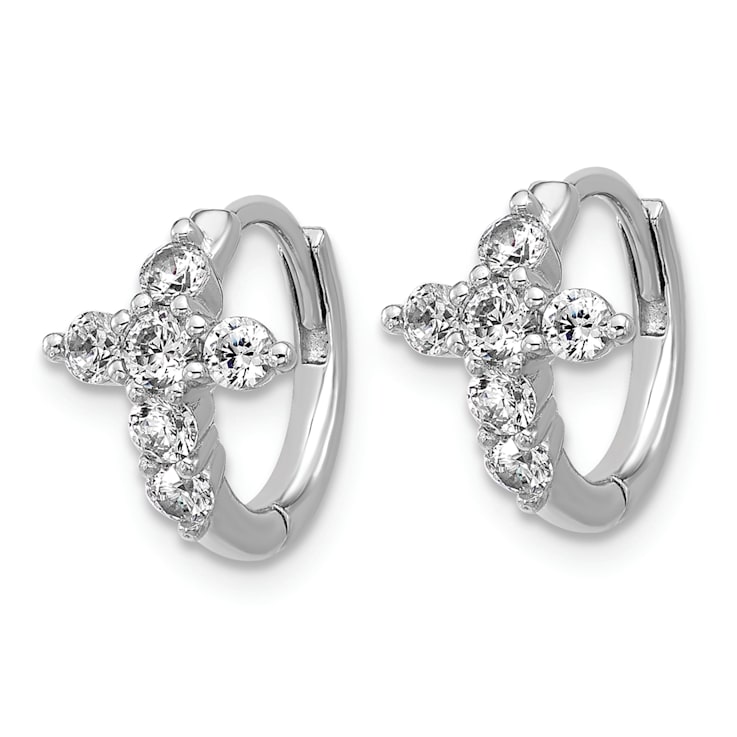 Rhodium Over Sterling Silver Polished Cubic Zirconia Cross Hinged Round
Hoop Earrings