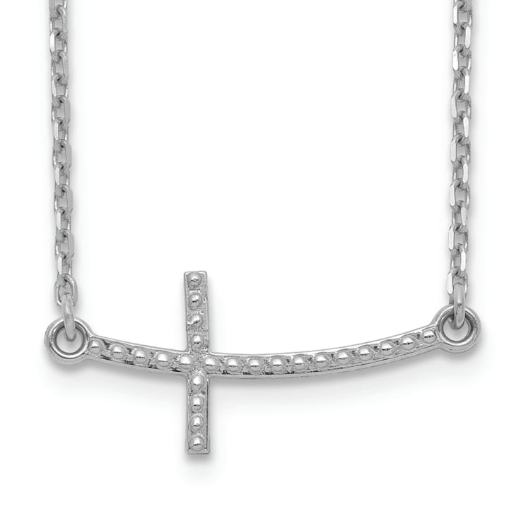Rhodium Over 14K White Gold Sideways Curved Textured Cross Necklace