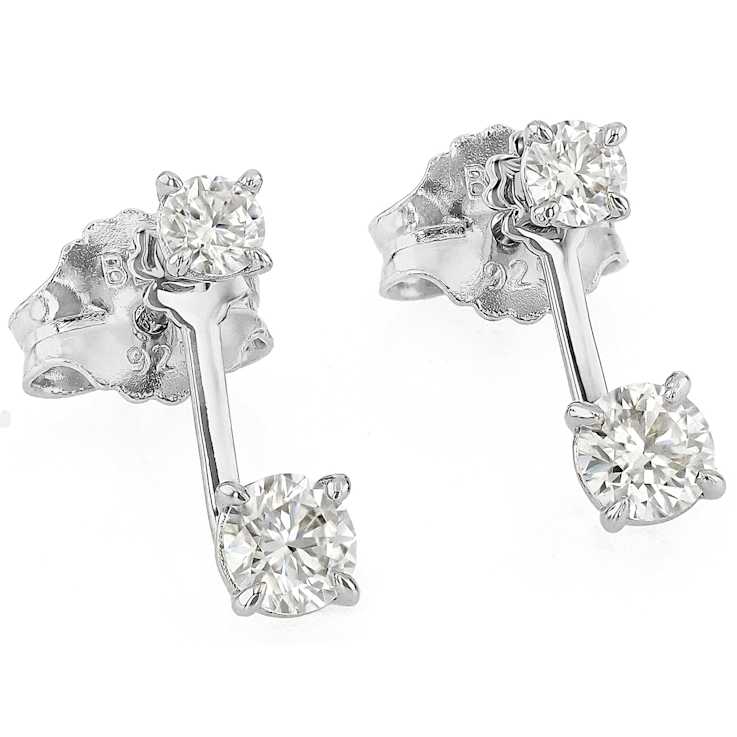 Moissanite Studs With Earring Jackets In Platinum-Enhanced Sterling Silver